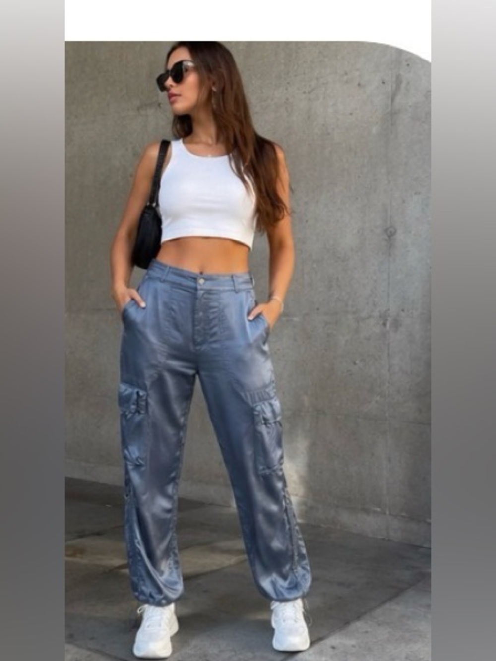 Zara Satin Cargo Jogger Pants Blue Utility Size M